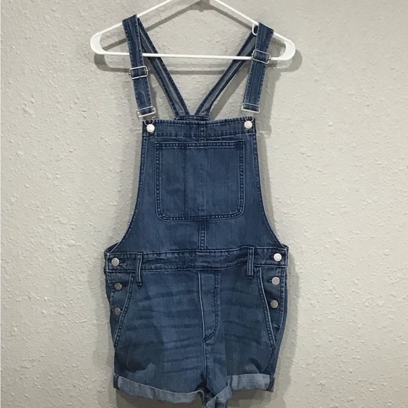 Madewell Adirondack Denim Shortalls Women’s Size L Raw Hem Bib Overalls Shortall - Picture 1 of 5